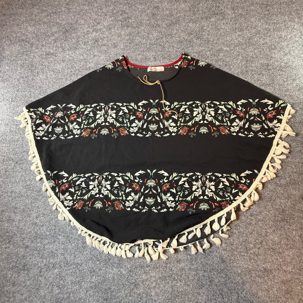 Peniwern Black Floral Tassel Fringe Poncho Cape Top Made in Singapore One Size